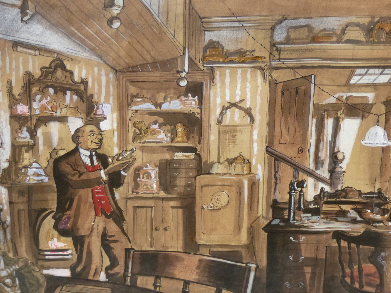 RAYMOND SIMM (20th.C. SCHOOL). THE COLLECTOR, GOUACHE, SIGNED, 36 x 51cms, TOGETHER WITH ANOTHER - Image 5 of 10