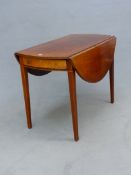 A 19th C. MAHOGANY OVAL TOPPED PEMBROKE TABLE, THE BURR MAPLE BOW FRONTED DRAWER TO ONE END ABOVE