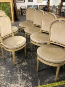 A SET OF SIX 18th C. GEORGE JACOB CREAM PAINTED CHAIRS, THE CHANNELLED ROUND ARCHED BACKS