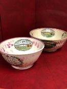 TWO MOORE & Co. SUNDERLAND PINK LUSTRE BOWLS PRINTED WITH OVALS OF THE BRIDGE, VERSES AND VIGNETTES,