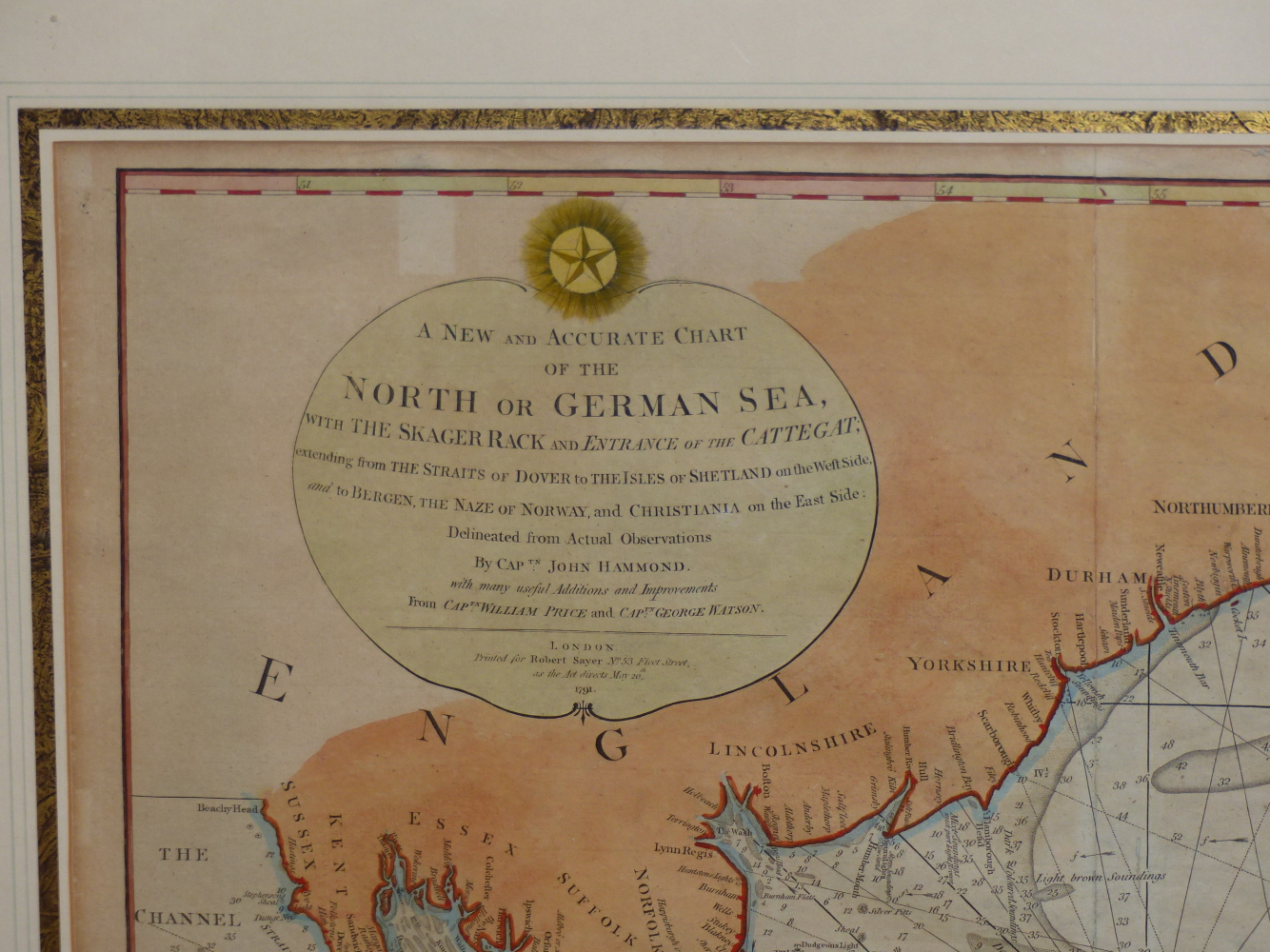 LATE 18th.C. HAND COLOURED MARINE MAP/CHART OF THE NORTH OR GERMAN SEA. 74 x 88cms. - Image 2 of 6