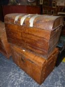 FOUR VINTAGE DOME TOP TIN TRAVELLING TRUNKS, LARGEST H. 45 X W. 71cm (4)