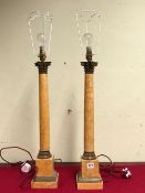 A PAIR OF SIMULATED OCHRE MARBLE AND COLD CAST BRONZE CORINTHIAN COLUMN TABLE LAMPS ON SQUARE