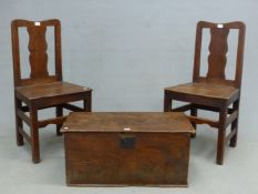 AN ANTIQUE COUNTRY MADE ELM SMALL COFFER OR CHEST, TOGETHER WITH A PAIR OF OAK PLANK SEAT CHAIRS