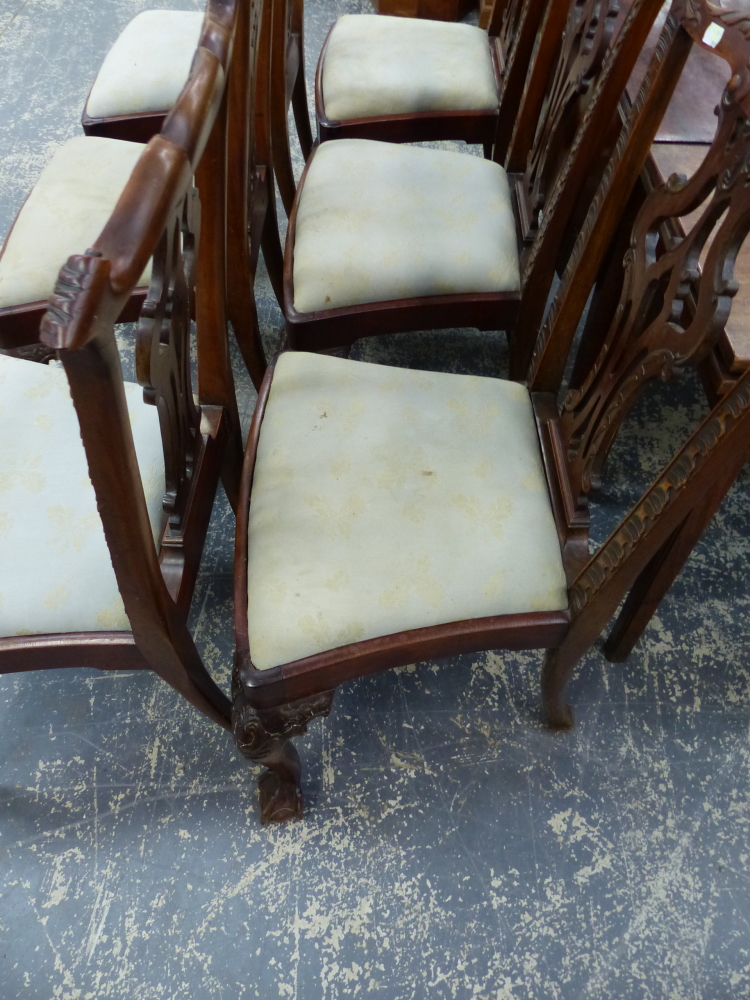 A SET OF SIX GOOD 18th.C. STYLE MAHOGANY DINING CHAIRS WITH PIERCED CARVED BACKS OVER CABRIOLE FORE - Image 7 of 8