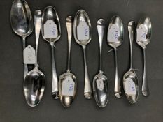 NINE GEORGIAN SILVER DESSERT SPOONS, DATED 1760,1761, 1762, 1763, 1764 X 2, 1765, 1766, AND 1767