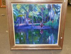 ELAINE FINE (CONTEMPORARY SCHOOL). ARR. FISHING ON THE BACKWATER, KERALA, SIGNED OIL ON CANVAS 71