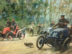 PETER J ASHMORE (B 1923), ROAD RACING 1899, WATERCOLOUR SIGNED. 23 x 38cms.