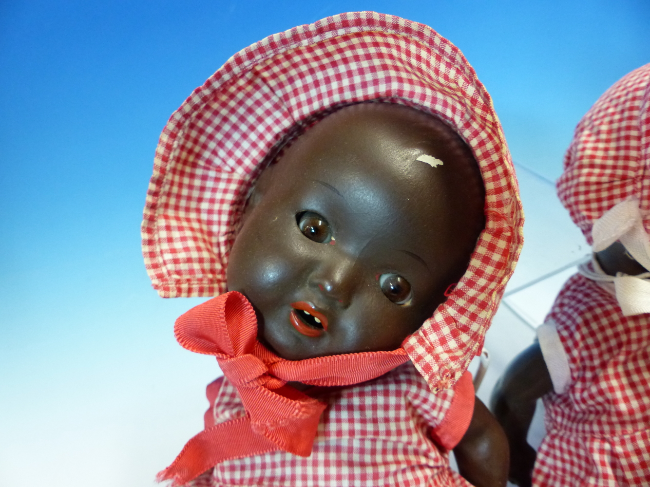 TWO SIMILAR ARMAND MARSEILLE BLACK DOLLS IN RED GINGHAM DRESSES AND BONNETS. H 27cms. - Image 4 of 7