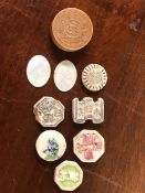 SIX CHINESE CERAMIC GAMES TOKENS TOGETHER WITH A SINGLE MOTHER OF PEARL COUNTER AND MORE IN A