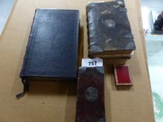 A 1660 METAL MOUNTED LEATHER BOUND BOOK OF COMMON PRAYER AND BIBLE, ANOTHER BIBLE SIMILARLY BOUND,