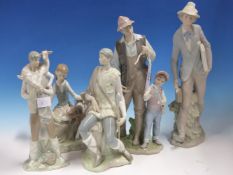 FIVE LLADRO FIGURES: A GOATHERD, A SHEPHERD, A GIRL FEEDING A CALF, A FISHERMAN AND SON, THE TALLEST