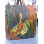 A DECORATIVE PORTRAIT OF AN ENTHRONED KING, OIL ON BOARD, UNFRAMED. 128 x 99cms.