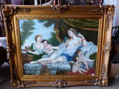 A LARGE DECORATIVE PICTURE OF RECLINING VENUS AND PUTTI, SWEPT GILT FRAME, 90 x 120cms.