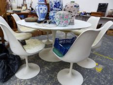 A RETRO MID CENTURY ARKANA CIRCULAR DINING TABLE AND EIGHT CHAIRS.