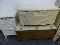 TWO LLOYD LOOM OTTOMANS AND A PAINTED BEDSIDE CHEST.