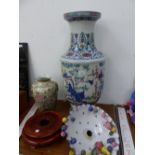 A LARGE ORIENTAL VASE WITH A HARDWOOD STAND, A POTTERY LIGHT FITTING, AND ANOTHER VASE.