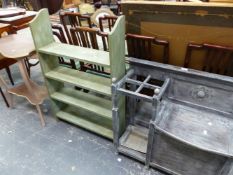 A PAINTED HALL SEAT, A SMALL BOOKCASE AND AN OCCASIONAL TABLE.