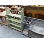 A PAINTED HALL SEAT, A SMALL BOOKCASE AND AN OCCASIONAL TABLE.