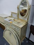 AN EDWARDIAN PAINTED DRESSING CHEST AND A PAIR OF BED ENDS.