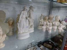 TWO PARIAN WARE FIGURINES AND VARIOUS DECORATIVE BUSTS.