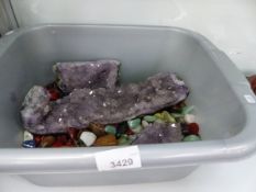 TWO AMETHYST GEODE SECTIONS, POLISHED STONES, ETC.