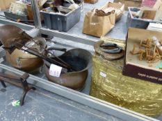 A BRASS BOUND COAL BOX, TWO COPPER SCUTTLES, PLATED DISHES, AND A GROUP OF ORIENTAL CARVED