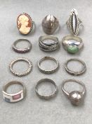 TWELVE VARIOUS SILVER RINGS TO INCLUDE STONE SET EXAMPLES.