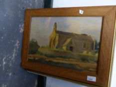 EARLY 20th.C. ENGLISH SCHOOL. THE VILLAGE CHURCH, INITIALLED A. B. 1946. OIL ON BOARD, 28 x 40cms.