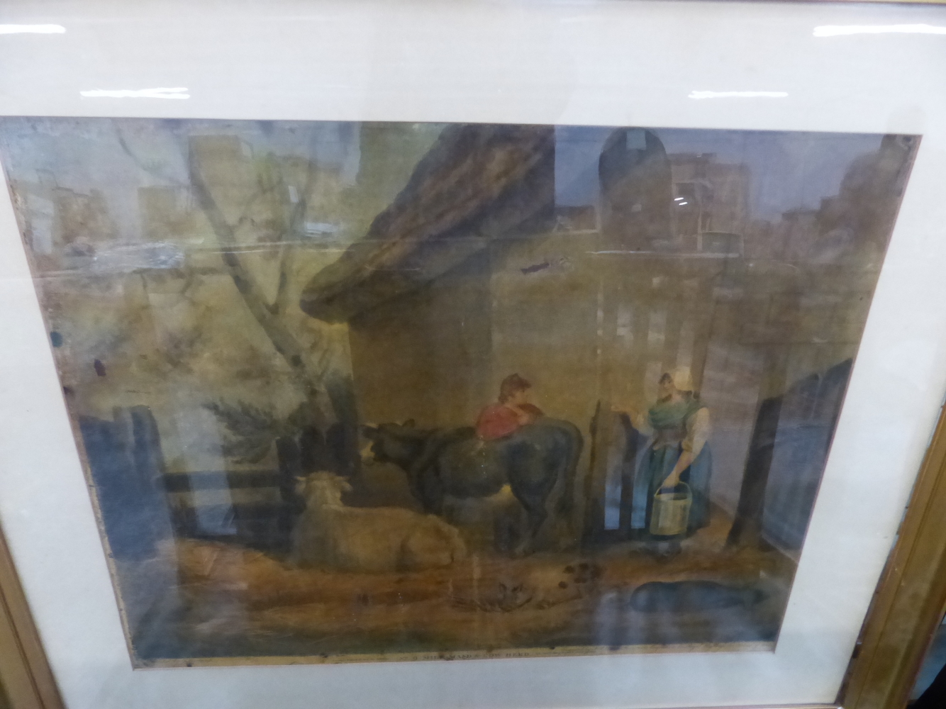 A LARGE PRINT AFTER G. MORLAND AND THREE FRAMED ARCHITECTURAL PRINTS (4).