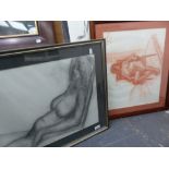 20th.C.BRITISH SCHOOL. TWO NUDE STUDIES, CHALK AND CHARCOAL, BOTH INSCRIBED. LARGEST 40 x 58cms (