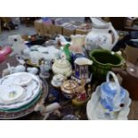 A GROUP OF DECORATIVE CHINAWARES TO INCLUDE A VICTORIAN WASH JUG, STAFFORDSHIRE SPANIEL, VASES