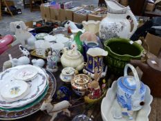 A GROUP OF DECORATIVE CHINAWARES TO INCLUDE A VICTORIAN WASH JUG, STAFFORDSHIRE SPANIEL, VASES