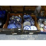 A COLLECTION OF VARIOUS BLUE AND WHITE DINNER WARES, GLASSES AND A CHINON HAND HELD CAMERA.