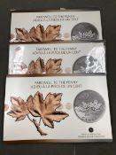 THREE FINE SILVER ROYAL CANADIAN MINT TWENTY DOLLAR SILVER PROOF COINS. DIAMETER 27mm, GROSS