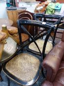 THREE BENTWOOD CHAIRS, A CAMEL STOOL AND A BENARES TABLE (5).