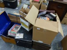 A QUANTITY OF 78RPM RECORDS, TWO DEED BOXES, A TIN TRUNK, TAPES AND CDS, PRIVATE EYE MAGAZINES, ETC.