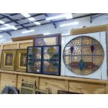 THREE VINTAGE STAINED GLASS PANELS. TOGETHER WITH TWO MARQUETRY INLAID PANELS, DECORATIVE