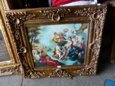 A DECORATIVE PICTURE OF CLASSICAL FIGURES IN AN ELABORATE GILT FRAME. 52 x 60cms.