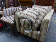 A PAIR OF ANTIQUE TUB ARMCHAIRS WITH CARVED LEGS, TOGETHER WITH A MODERN DEEP SEAT ARMCHAIR.