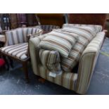 A PAIR OF ANTIQUE TUB ARMCHAIRS WITH CARVED LEGS, TOGETHER WITH A MODERN DEEP SEAT ARMCHAIR.