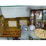 SIX VARIOUS RELIEF DECORATED CLASSICAL SCENE PLAQUES, TWO JEWELED FRAMES AND A SIMILAR CLOCK, AND