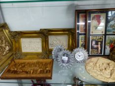 SIX VARIOUS RELIEF DECORATED CLASSICAL SCENE PLAQUES, TWO JEWELED FRAMES AND A SIMILAR CLOCK, AND