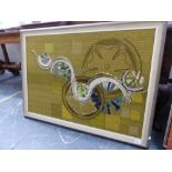 A FRAMED TEXTILE PANEL OF ABSTRACT FORMS, 65 x 94cms, TOGETHER WITH VARIOUS DECORATIVE PHOTOS AND