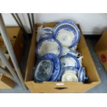 A QUANTITY OF BLUE AND WHITE CHINA WARES AND GLASS.