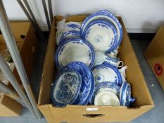 A QUANTITY OF BLUE AND WHITE CHINA WARES AND GLASS.