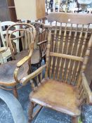 A 19th.C. ASH ROCKING CHAIR, A BENTWOOD CHAIR AND A WHEEL BACK CHAIR.