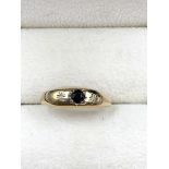 A 9CT GOLD THREE STONE VINTAGE SAPPHIRE AND DIAMOND GYPSY SET BUMP BAND. FINGER SIZE N, WEIGHT 1.