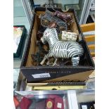 A SMALL QUANTITY OF DIE CAST FIGURES INCLUDING BRITAINS, A CLOCKWORK ZEBRA AND VARIOUS PLATED