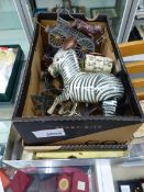 A SMALL QUANTITY OF DIE CAST FIGURES INCLUDING BRITAINS, A CLOCKWORK ZEBRA AND VARIOUS PLATED